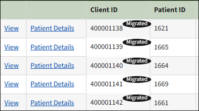 Portal screenshot of clients with a "Migrated tag" to demonstrate the data was from the GPRA portal. All data is fake.