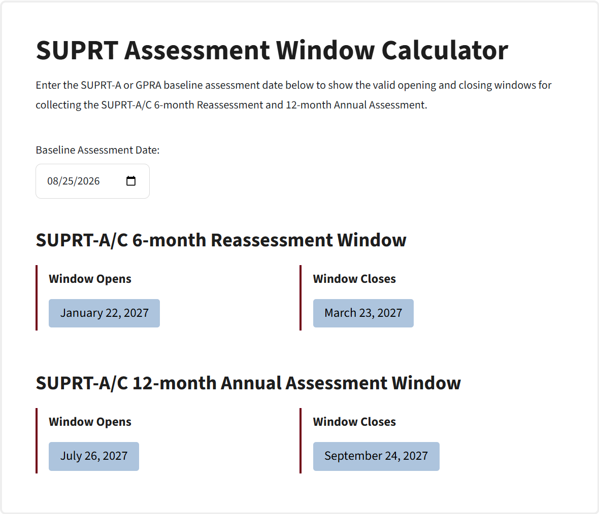 Screenshot of the SUPRT Assessment Window Calculator